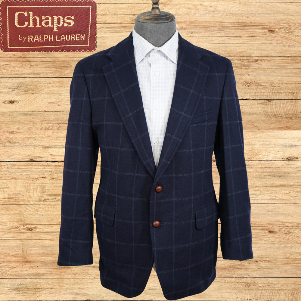 Vintage Chaps Ralph Lauren Mens Sport Coat Navy Windowpane Flannel Wool USA Made